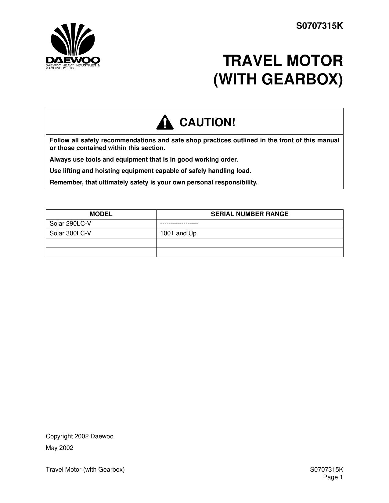 Solar 290LC-V Solar 300LC-V 1 TRAVEL MOTOR Service Manual Daewoo Travel Motor(with Gearbox) - DTD283V
